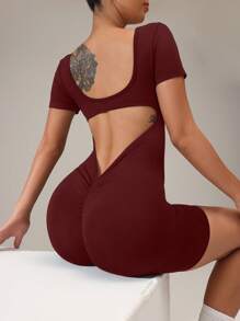 SHEIN Sports 纯色露背紧身圆领短袖无缝运动连体裤 - 酒紅色 - 查看 6