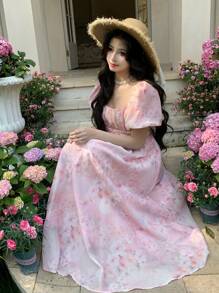 DAZY 夏季新款优雅碎花中长连衣裙，适合音乐节