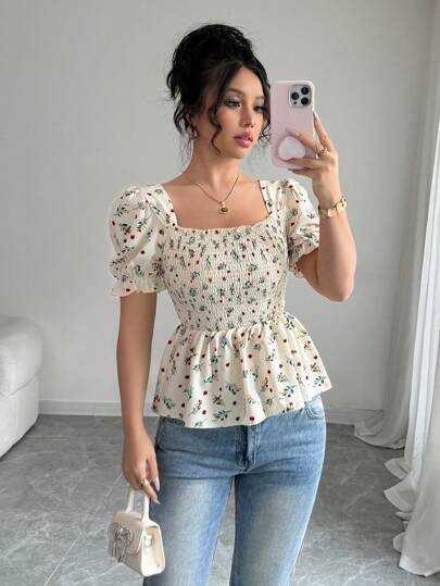 Elenzga Camisa elegante de mujer con botones y ajuste delgado con estampado de flores diminutas