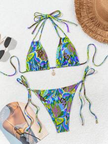 Swim Vcay Women Double Drawstring Halter Neck Sexy Printed Beach Vacation 3-Piece Bikini Swimsuit Set - Multicolor - View 7