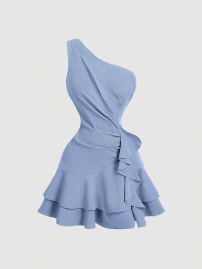 SHEIN MOD Vestido romántico y soñador en azul, con dobladillo asimétrico y ribete de volantes, apropiado para citas, fiestas, vacaciones, meriendas y ocasiones de cumpleaños