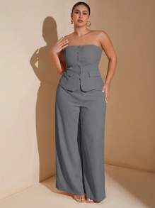 SHEIN Tall CURVE Plus Size Women's Elegant Date Sweet Girl Solid Color Bustier-Style Blazer Summer Suit, Suitable For Work Uniform Office Chic Lady Suit Women S Clothes Women Plus Clothing Business Casual Women Summer Clothing Woman S Summer Clothes Women Dresses Birthday - Dark Grey - View 6