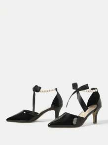 CUCCOO HITCHD Women's Pearl Ribbon Chain Ankle Tie Pointed Toe Stiletto High Heel Shoes, Sweet And Elegant, Classic Black Patent PU Leather Hollow-Out Pumps For Wedding, Bridesmaid, Princess, Party, Prom - Black - View 11