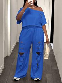 Slaydiva 2pcs/Set Plus Size Women Western Wear, New Arrival,Easter, Casual Streetwear, Gyaru Style, Solid Color Hollow Out Distressed Short Sleeve Top And Pants - Blue - View 8