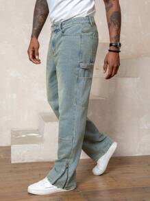 Manfinity Homme Men's Light Wash Denim Carpenter Jeans: Modern Casual Style Long Length Zipper Details And Durable Construction For Everyday Wear - Light Wash - View 5