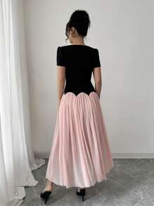 Selianne Damen Vintage Kontrast Patchwork Kleid, französischer Stil elegantes langes Kleid, einzigartiges Design, hochwertiges Gelegenheitskleid für den Sommer - Schwarz - Übersicht 2