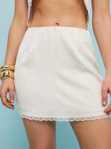 NYA SZN Linen Lace Fall Summer Trim Skirt, Concert Festival Office Teacher Brunch Vacation Classy Modest - Apricot - View 4