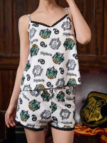 HARRY POTTER X SHEIN Set de 2 piezas para mujer de top camiseta y short de pijama con contraste de encaje y estampado gráfico de letras