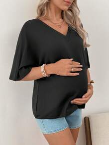 SHEIN Confortable T-shirt ample de maternité à col en V et manches chauve-souris, polyvalent pour les déplacements