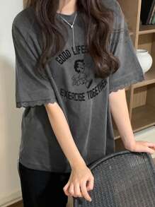 DAZY 女士圆领图案和蕾丝袖口拼接短袖 T 恤，春/夏 - 深灰色 - 查看 6