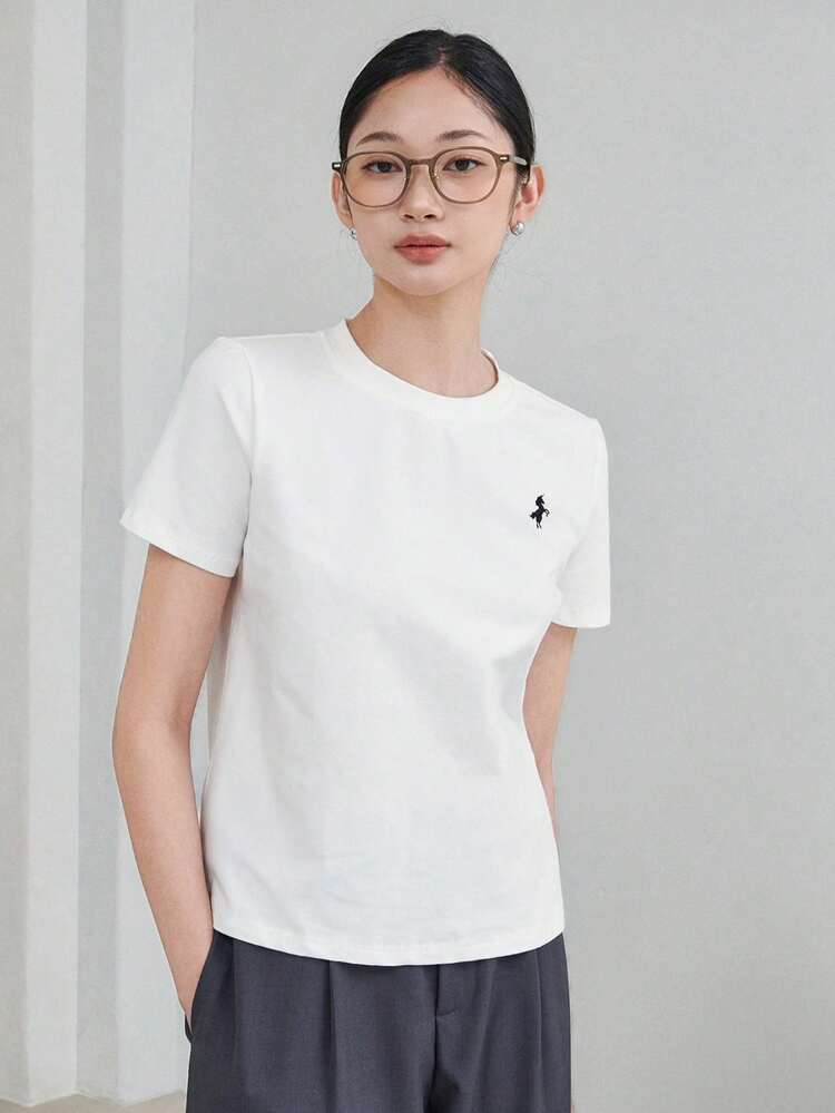 Old Money Embroidered Pattern Loose Fit Short Sleeve Round Neck Women T-Shirt, Casual Spring/Summer,Business Casual Women