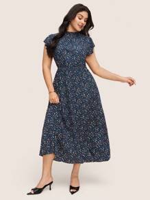 SHEIN LUNE SHEINLUNE Vestido midi de manga corta con estampado floral diminuto para mujer talla grande