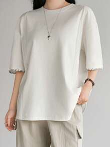 Dazy-Less Line Decor Contrast Color Short Sleeve Loose Women T-Shirt Old Money Style,Business Casual Women - White - View 2