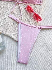 SHEIN Swim Bộ bikini xếp nếp in họa tiết chấm bi bãi biển mùa hè cho nữ, họa tiết ngẫu nhiên - Hồng - Xem 4