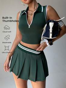 Dewbera 女士瑜伽服 - 简约时尚无袖背心和裙子，适合日常休闲穿着 - 綠色 - 查看 1