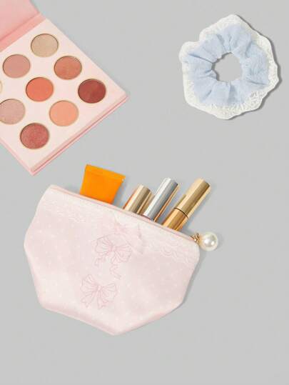 Kawaii 2 pièces/set Petite bourse à pièces mignonne avec décor de dentelle, pois et nœud, sac de maquillage avec élastique à cheveux