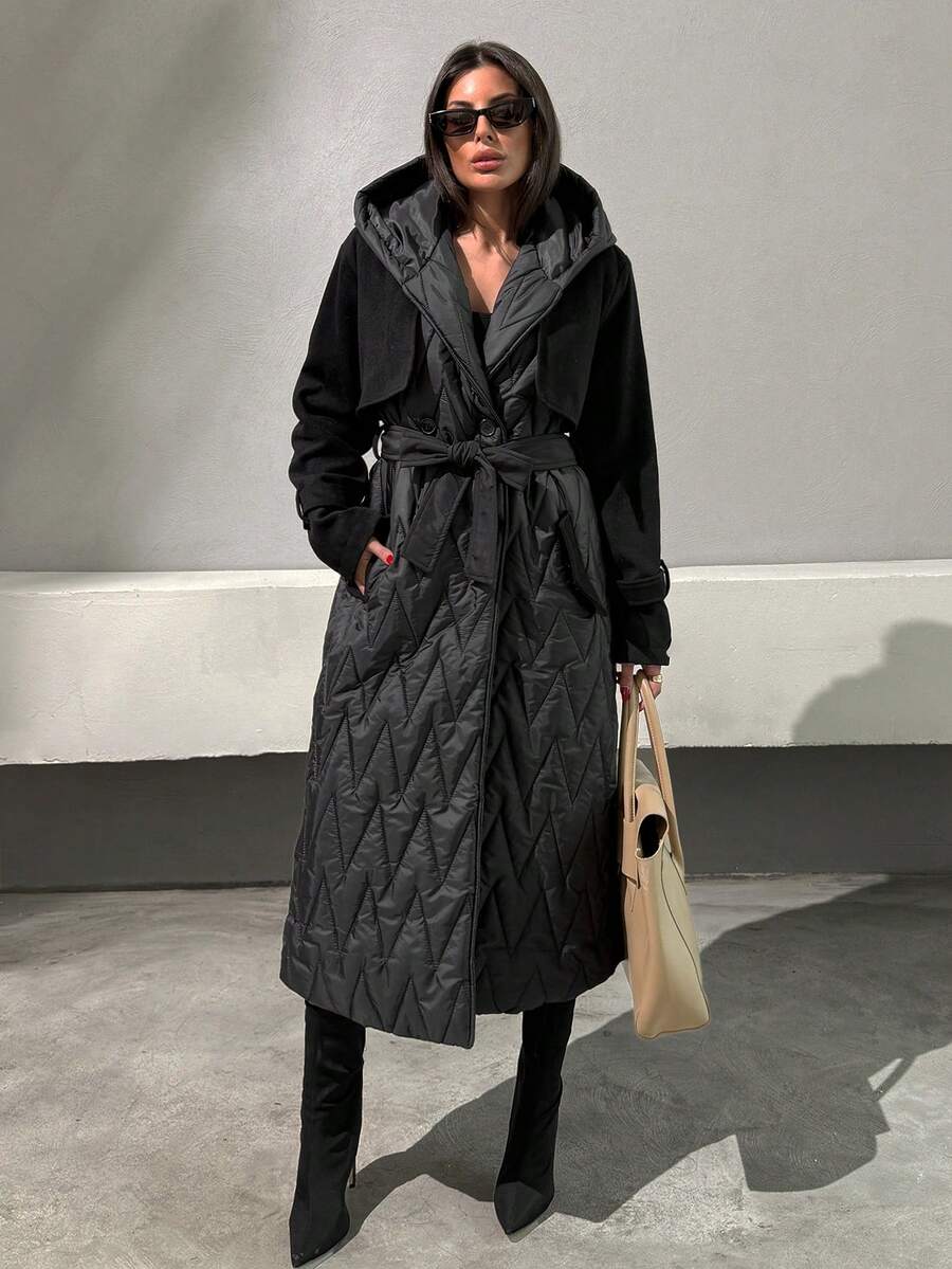 Women Garnished Trench Detailed Luxe Elegant Long Quilted Jacket - Black - View 1