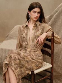 Anewsta 2pcs Textured Embossed Jacquard Elegant Office Lady Chic Blouse & A-Line Skirt Set, Suitable For Spring, Festivals, Casual, Vacation, Holiday, Old Money - Brown - View 2