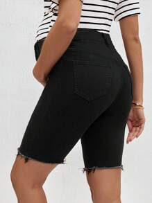 SHEIN Maternity Casual Skinny Elastic Denim Shorts, Black,Summer Beach Vacation , Suitable For Daily Dating, Night Out, Nightclubs, Parties, Get-Togethers, Pool Parties, Back-To-School Season Clothing, Back-To-School Season Clothing, Holiday Women's , Music Festival Clothing, Country Music Festival Clothing, Concert Clothing,Mother Day/Mom/Mother/ Mommy/Mother's Day/Mama/Mum/Mother's Day Gift - Black - View 2