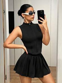 SHEIN ICON Y2K 休闲运动两件套，含功能性弹力紧身衣和褶皱迷你裙，黑色 - 黑色 - 查看 3