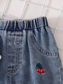 Baby Girls Korean Fashion Casual Cute White Collar Short Sleeve Knitted Patchwork Top And Embroidered Strawberry Washed Denim Long Pants, Summer Set - Multicolor - View 8