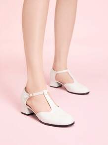 CUCCOO DOLLMOD 方头粗跟时尚简约女士高跟鞋，甜美复古学院风搭配，适合夏季度假出游 - 白色 - 查看 2