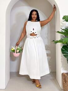 Slaydiva Bộ đồ 2 món dành cho nữ cỡ lớn: Áo trắng không tay, vạt lệch, họa tiết hoa và chân váy dài rộng, thanh lịch cho kỳ nghỉ, tiệc tùng, hẹn hò. - trắng - Xem 6