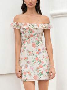 Aveloria New Vintage Style Elegant Floral Print Women Chiffon Romantic Ruffled Collar Fitted Waist Slim Short Dress For Date Boho Vacation Fashionable Style All Over Print For Summer