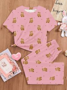 SHEIN Tween Girls Casual Minimalist Crewneck Short Sleeve Pants Loungewear Set, Suitable For Summer - Multicolor - View 2