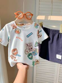 SHEIN 婴幼儿两件套卡通动物印花针织柔软圆领短袖套头衫和松紧腰短裤 - 黑與白 - 查看 3