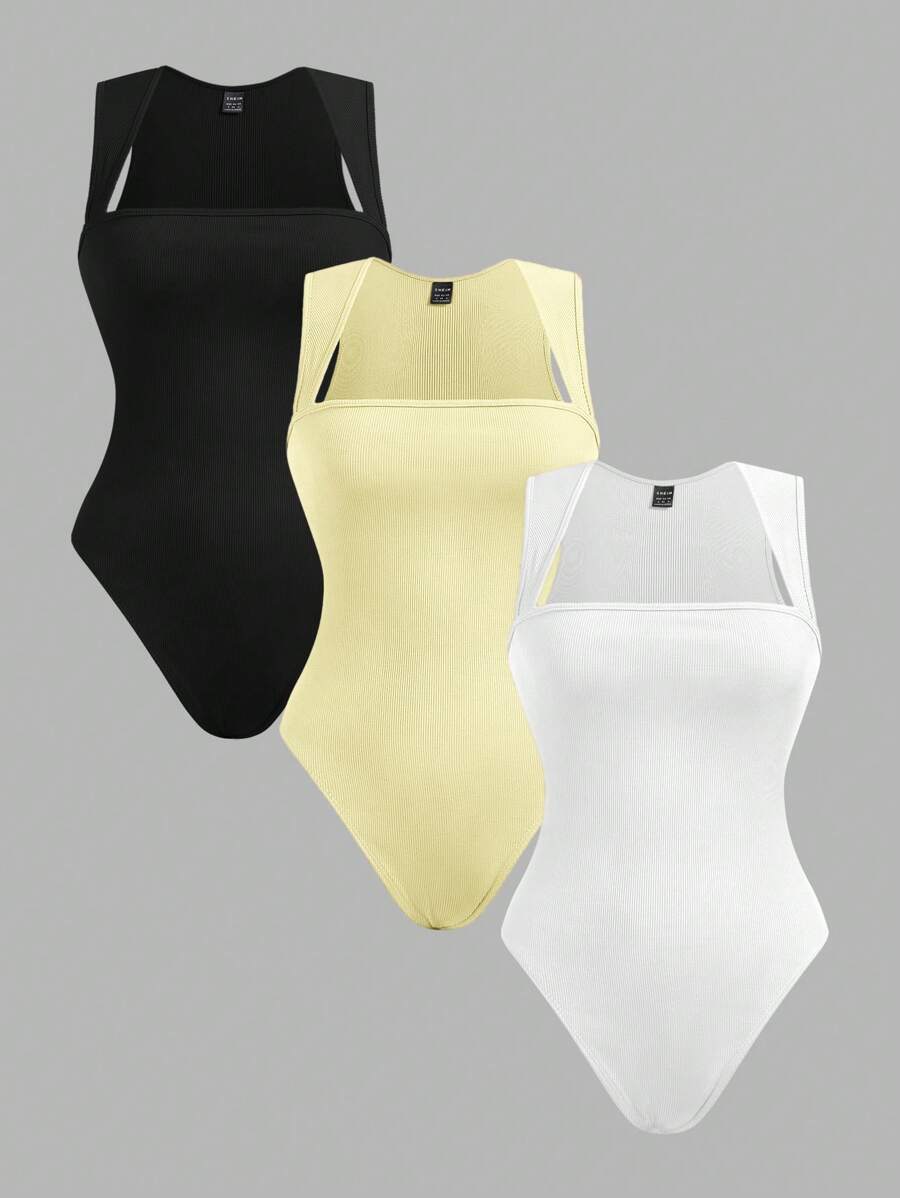 SHEIN EZwear Bộ 3 áo liền quần không tay cổ tròn màu trơn cho nữ - Màu vàng - Xem 1