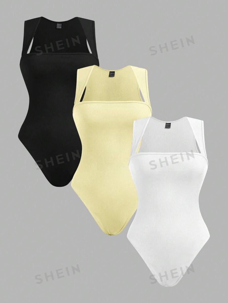SHEIN EZwear Set de 3 bodys de mujer de un solo color con cuello redondo y sin mangas