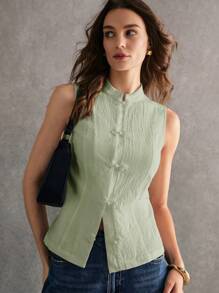 Poéselle Women's Elegant Solid Color Stand Collar Button-Up Camisole - Mint Green - View 7