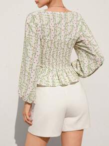 Aveloria Rosie New Arrival Spring/Summer Fresh Ditsy Floral Square Collar Shirred Design Striped Puff Sleeve Cute Ruffle Hem Waist Tied Versatile Women Blouse Boho Vacation Fashionable Style All Over Print - Multicolor - View 2