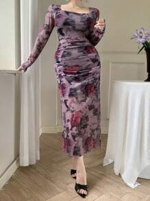 DAZY 女士修身方领植物印花沙滩连衣裙，扎染，高开衩长袖，度假装，秋季碎花长裙 - 中紫紅色 - 查看 4