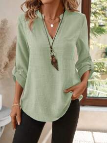 EMERY ROSE Women's Spring Full Print Notched Neck 3/4 Sleeve Blouse Work Shirt - Green - View 1