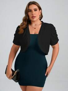 Chikora Plus Size Solid Color Short Cropped Jacket With Pleated & Puff Sleeves,Business Casual Woman - Black - View 3