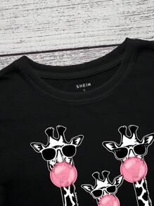 INAWLY Áo thun nữ cổ tròn tay ngắn in họa tiết hươu cao cổ, áo thun in họa tiết báo gêpa dáng ôm vừa vặn thời trang - màu đen - Xem 6