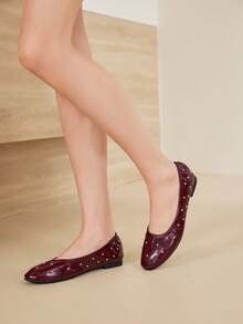 MOTF WOMEN SHOES NEW EUROPEAN AND AMERICAN FASHION PU LEATHER RIVETS INLAID ELASTIC WRINKLED ROUND TOE FLAT SHOES, BURGUNDY VERSATILE ELEGANT SHALLOW MOUTH ONE PEDAL LIGHT NON-SLIP COMFORTABLE ADVANCED FLATS SHOES