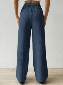 SHEIN EZwear Women's Solid Color Simple Texture Wrinkled Loose Fit Pants For Daily Wear