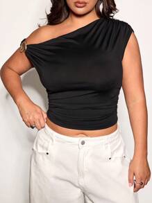 SHEIN BAE Plus Size Women's Spring & Summer Asymmetric Shoulder Ruched Waist Knit Stretchy Blouse, Metal Accessory Top, Suitable For Date, Casual, Graduation, Wedding, Y2K, Music Festival,Y2k Tops,Tops For Summer,Crop Tops Women,Off The Shoulder Top,Summer Tops,Sexy Tops,Short Sleeve Tops Women,Curve Plus Tops,Knit Top,Work Tops - Black - View 6
