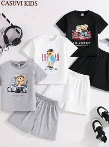 SHEIN 3pcs/Set Cute Teddy Bear Print Boy's Short Sleeve T-Shirt And Sports Pants Outfit