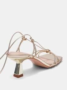 CUCCOO CURVES 大码女式露趾蝴蝶结细带高跟凉鞋，性感时尚 - 金色 - 查看 5