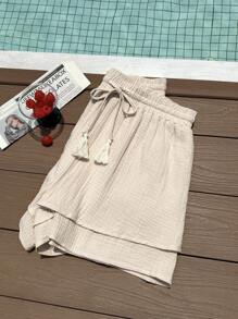 SHEIN EZwear Plus Size Woven Waist Tie Ruffle Hem Holiday Shorts, Spring - Apricot - View 6