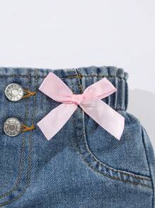 Young Girl' Cute Bow Decor Denim Shorts - Light Wash - View 6