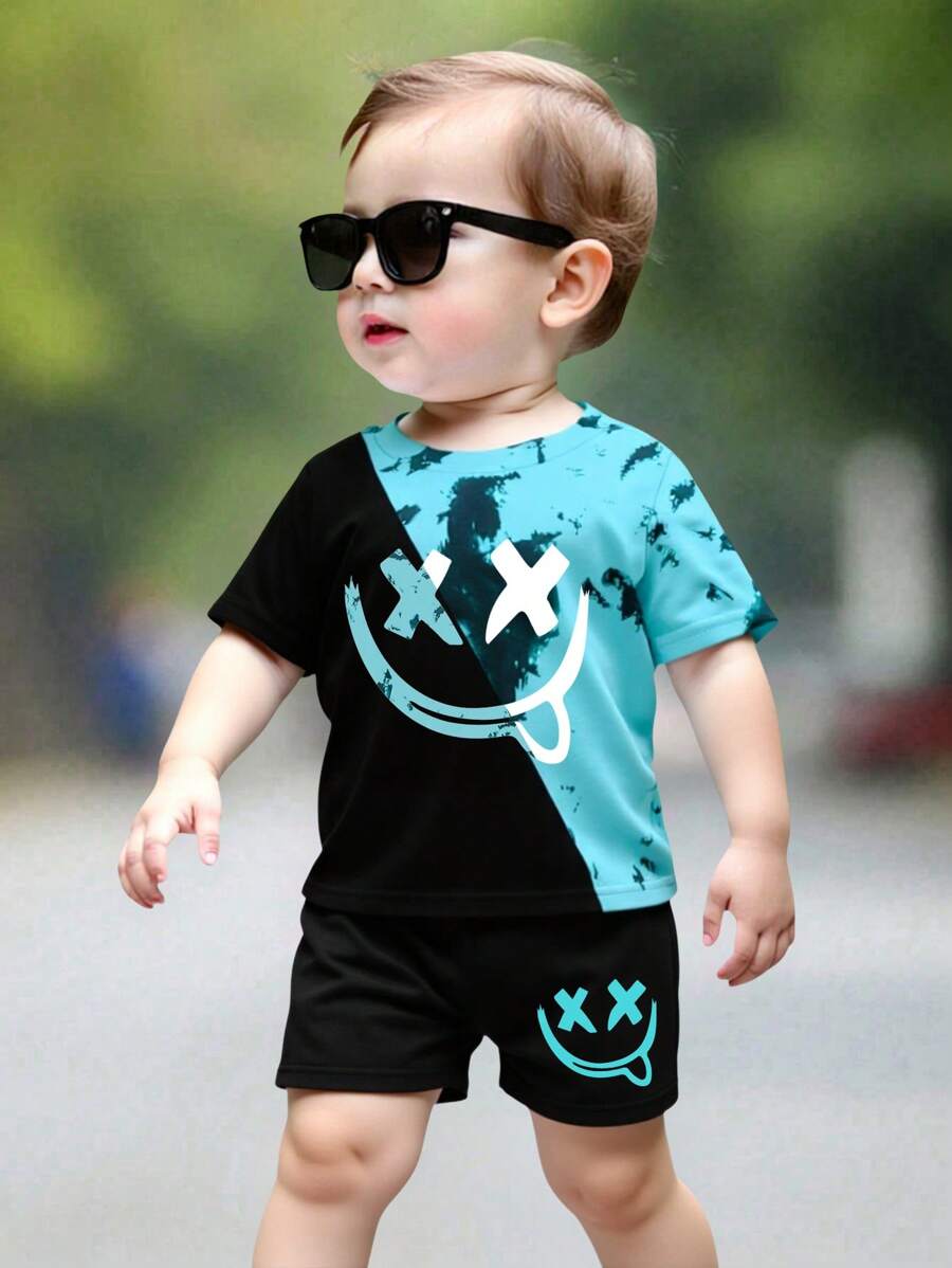 SHEIN Playful Pals 幼儿男童时尚扎染鬼脸图案短袖 T 恤和短裤套装,休闲风格 - 彩色 - 查看 1