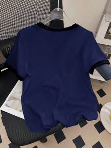 EMERY ROSE Plus Size Women's Summer Short Sleeve Round Neck Casual T-Shirt With 3D Floral Embellishment Graphic Tees Women Tops - Navy Blue - View 2