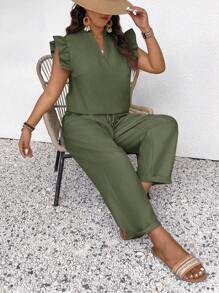 SHEIN Frenchy Plus Size 2pcs/Set Sleeveless Top & Long Pants, Solid Color,Summer Outfits For Women - Army Green - View 2