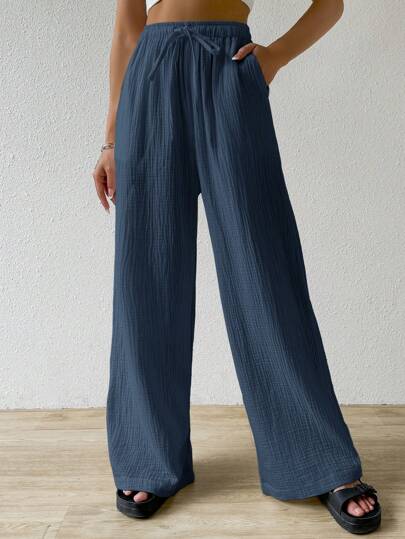 SHEIN EZwear 女式純色簡約紋理感鬆身褲，適用於日常穿著