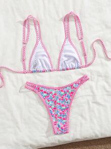 Swim Mod Set de 2 piezas para vacaciones de verano: Bikini con Top sin mangas con estampado de frutas en todo el diseño y detalles de contraste, y Bottom con tiras laterales